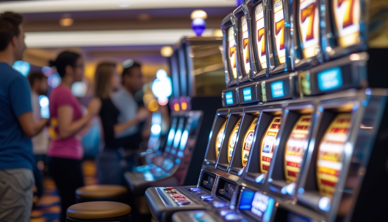 Suasana kasino dengan mesin slot Triple Diamond yang menyala dan pemain yang terlihat antusias di latar belakang.