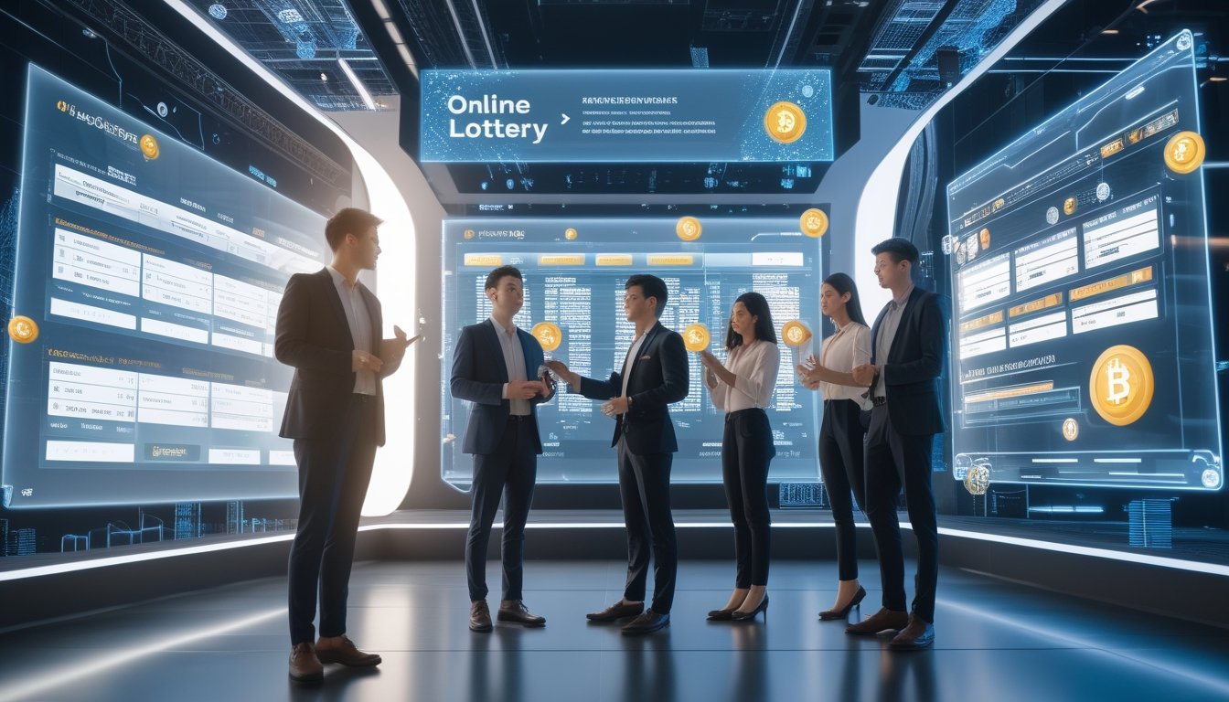 Sekelompok profesional muda menggunakan antarmuka digital modern untuk taruhan togel online dengan latar belakang teknologi canggih.