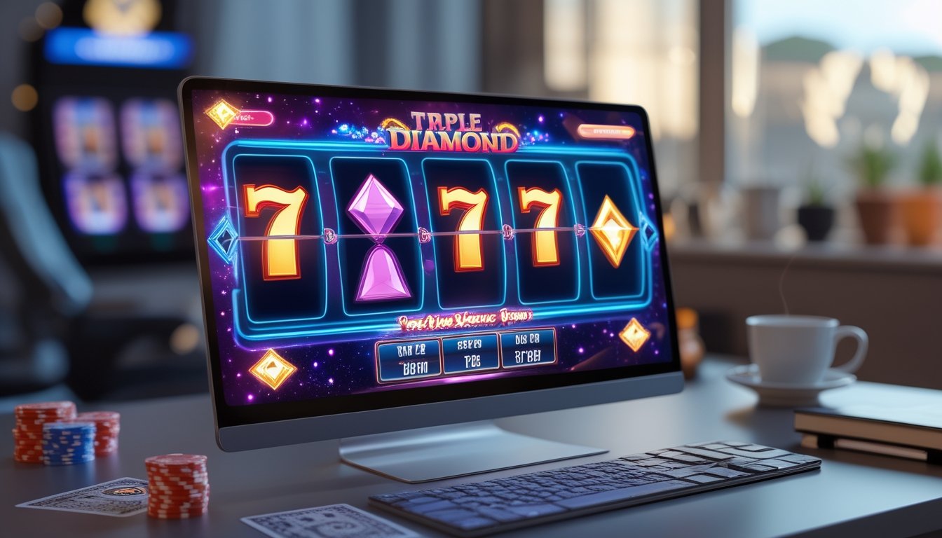 Seorang pemain kasino online sedang bermain mesin slot Triple Diamond di layar komputer dengan simbol berlian yang berkilau dan suasana ruang yang nyaman.