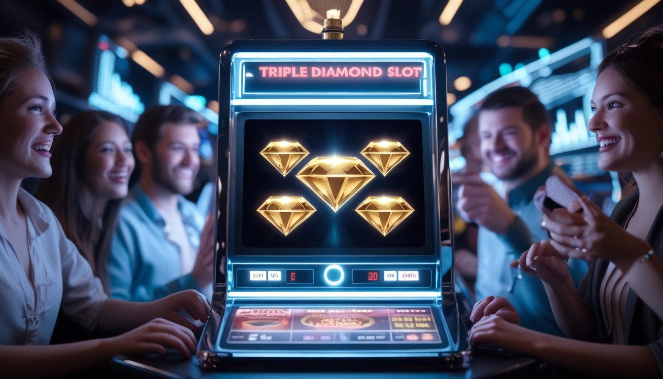 Beberapa pemain kasino online sedang bermain mesin slot Triple Diamond dengan simbol berlian yang menyala di layar dalam suasana kasino modern.