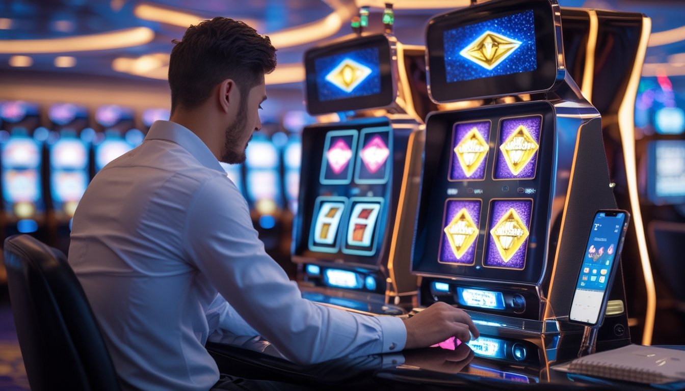 Seorang pemain judi sedang mengatur modal dengan serius di depan mesin slot Triple Diamond di kasino modern.