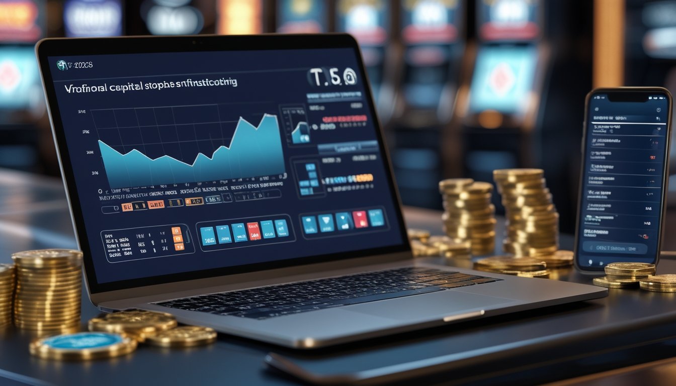 Meja kerja dengan laptop yang menampilkan grafik, chip kasino, koin emas, dan ponsel dengan aplikasi judi, di latar belakang mesin slot yang samar.