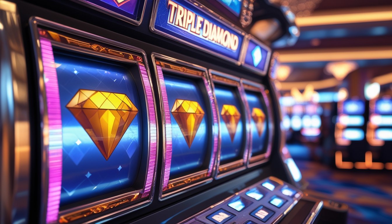 Mesin slot Triple Diamond dengan simbol berlian tiga kali lipat dan latar belakang kasino yang ramai.