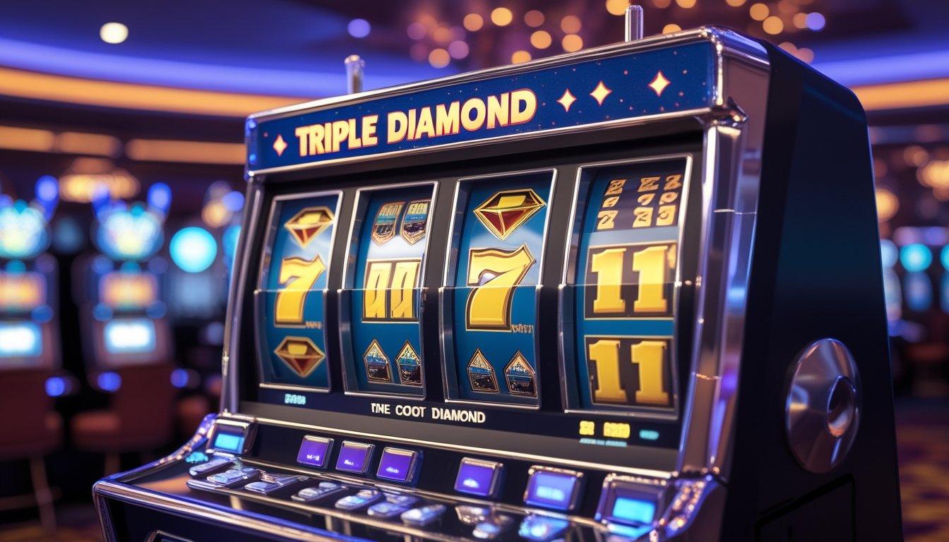 Mesin slot Triple Diamond berwarna cerah di lantai kasino yang ramai dengan lampu berwarna-warni di latar belakang.