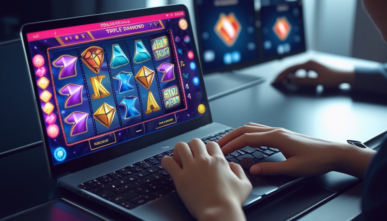 Meja kerja dengan laptop yang menampilkan permainan slot Triple Diamond, tangan seseorang sedang menggunakan perangkat untuk mendaftar dan bermain judi online.