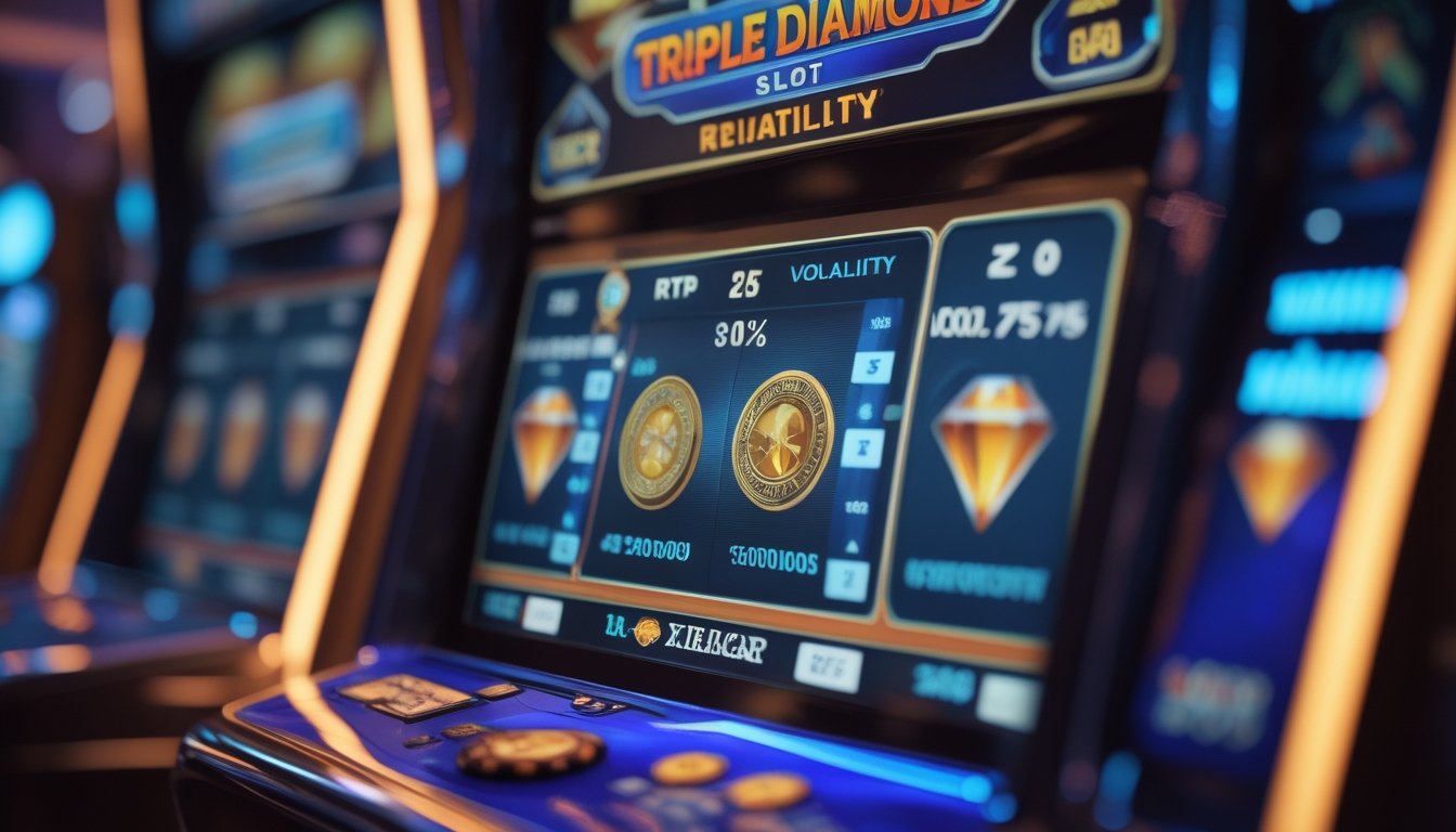 Tampilan dekat mesin slot Triple Diamond dengan grafik peluang menang dan indikator volatilitas di latar belakang kasino.