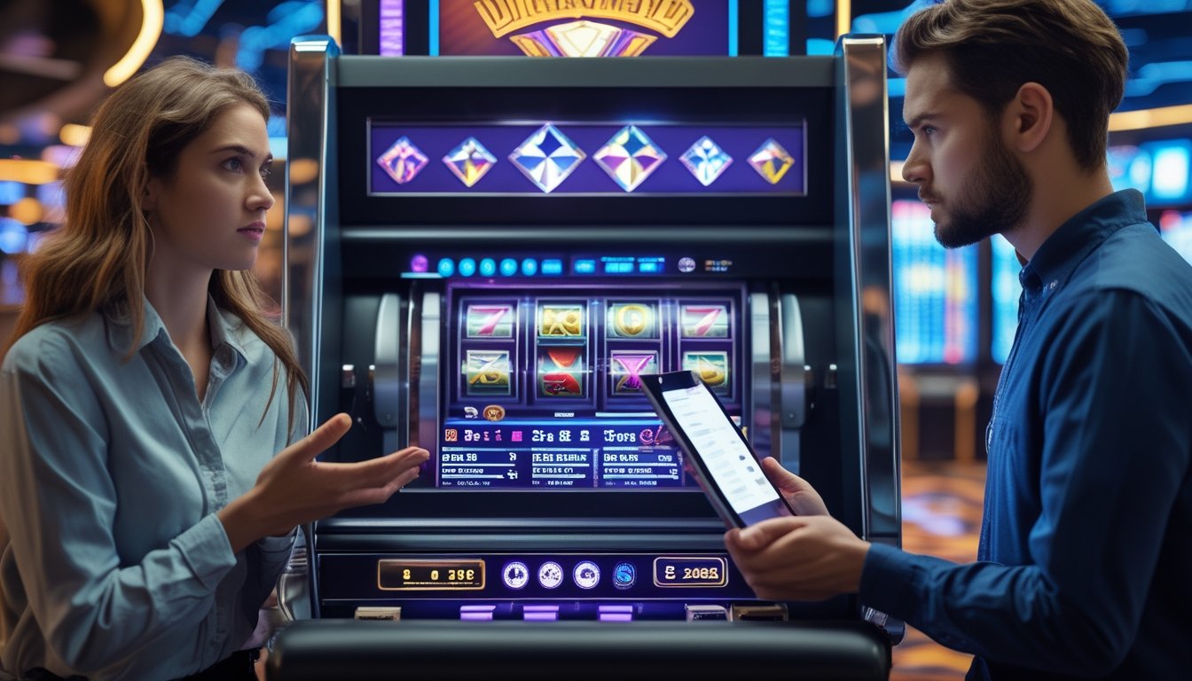 Seorang pria dan wanita berdiri di depan mesin slot Triple Diamond di kasino modern dengan suasana futuristik tahun 2026.
