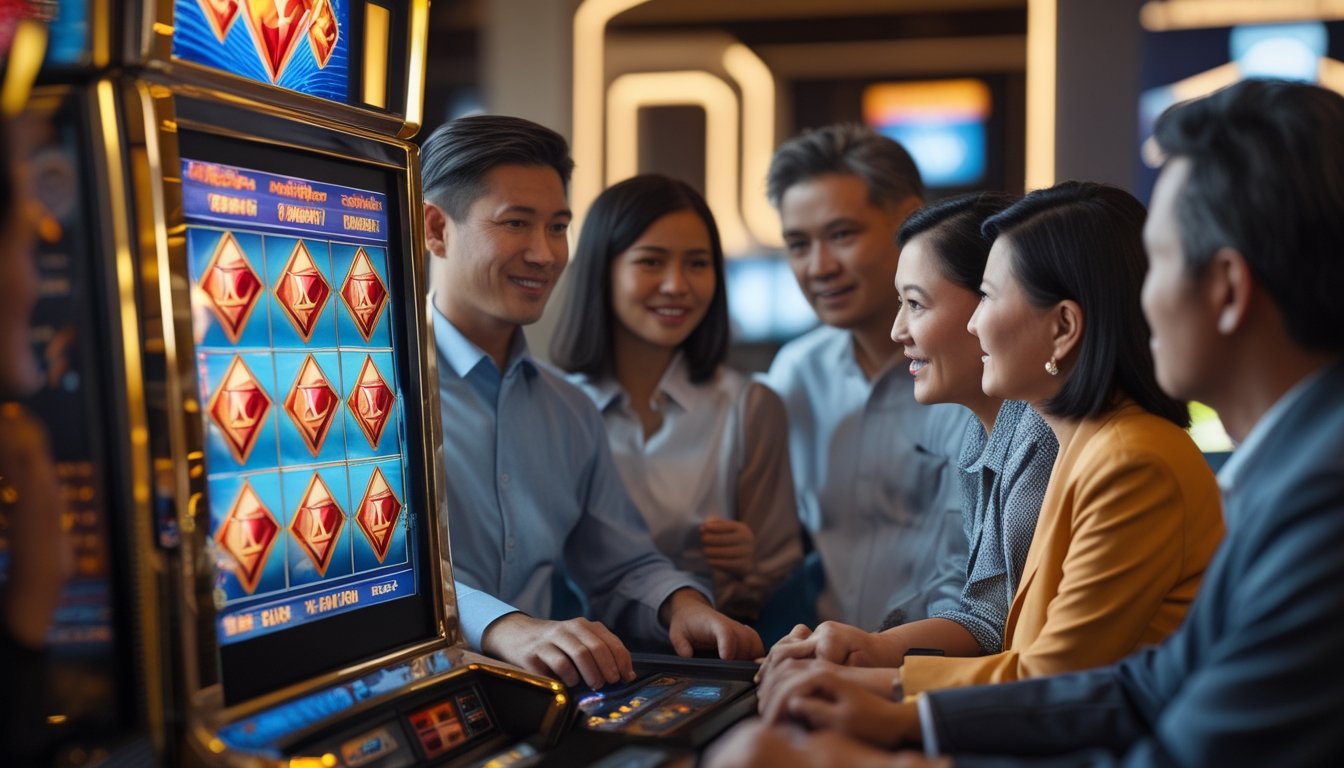 Orang-orang Indonesia berdiskusi di dalam kasino dengan mesin slot Triple Diamond menyala di latar depan.