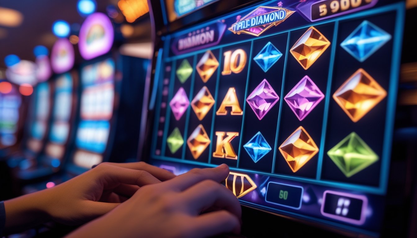 Tangan seseorang sedang melihat layar digital dengan simbol mesin slot Triple Diamond yang berwarna-warni.