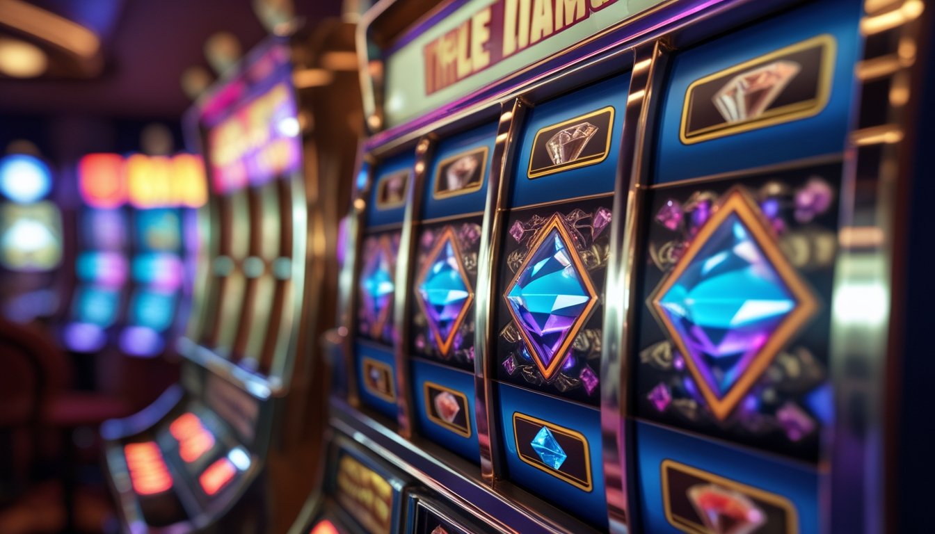 Close-up mesin slot dengan simbol Triple Diamond terlihat jelas di tengah gulungan dalam suasana kasino.