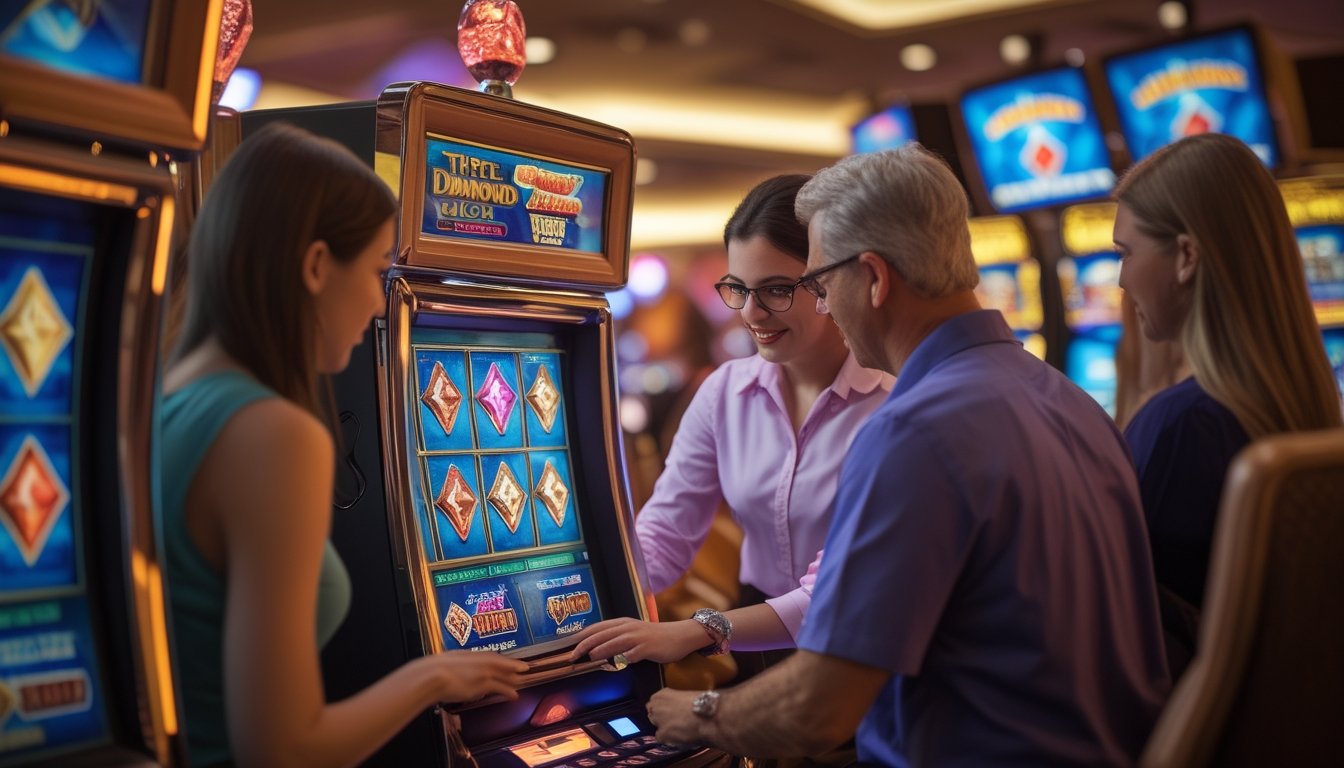 Seorang pemula sedang mencoba mesin slot Triple Diamond di kasino dengan pendamping yang ramah, dikelilingi oleh mesin slot lainnya.