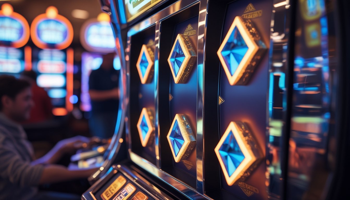 Seorang pemain duduk di depan mesin slot Triple Diamond di dalam kasino dengan ekspresi tertarik dan suasana yang cerah.