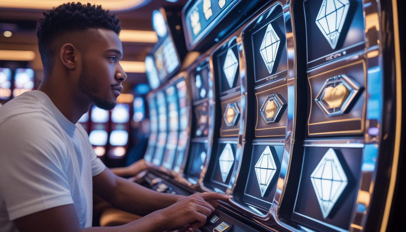 Seorang pemain muda sedang menggunakan mesin slot triple diamond di kasino yang terang dan penuh warna.