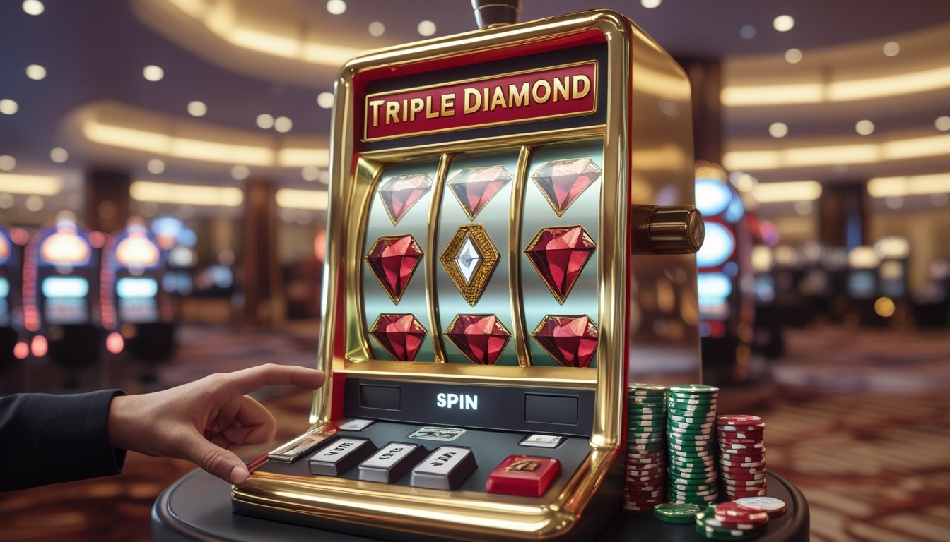 Mesin slot Triple Diamond dengan tiga simbol berlian sejajar, tangan seseorang menekan tombol putar, dan tumpukan chip kasino di latar belakang kasino mewah.