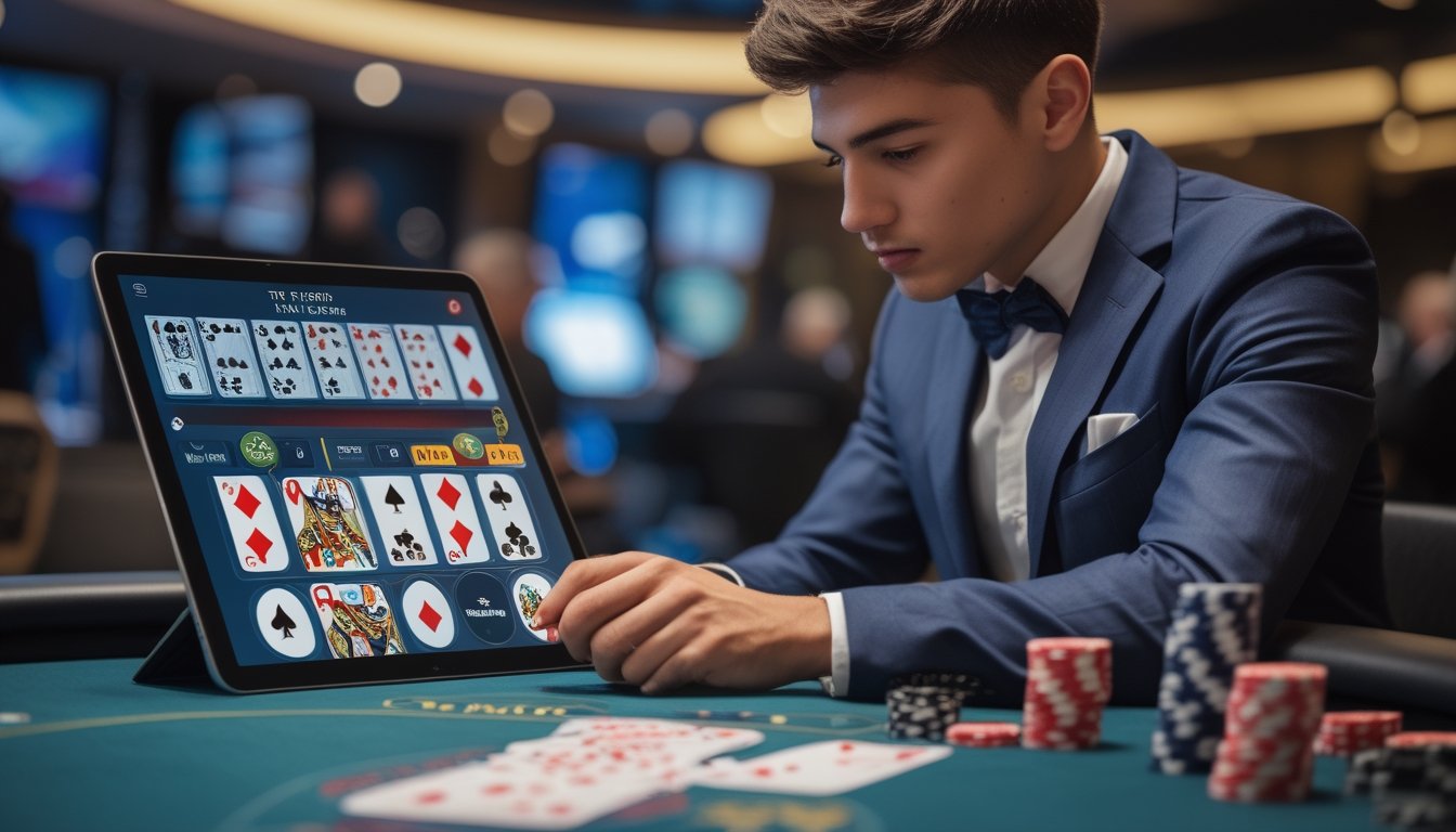Seorang dewasa muda berpakaian rapi sedang mempelajari kartu poker dan strategi di meja poker modern dengan kartu dan chip tertata rapi.