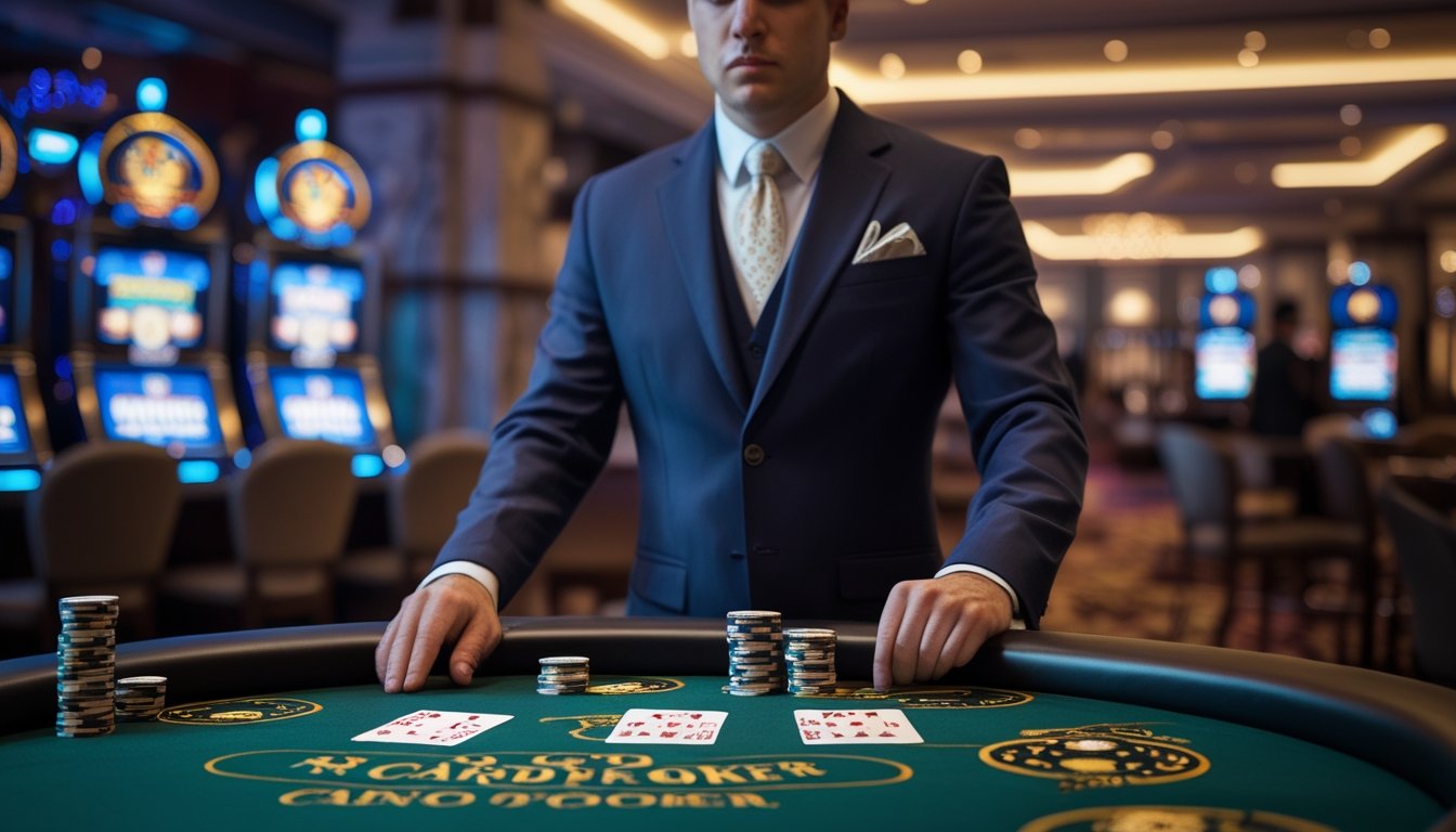 Seorang dealer berpakaian rapi berdiri di belakang meja poker dengan tiga kartu dan tumpukan chip, di latar belakang suasana kasino yang samar.