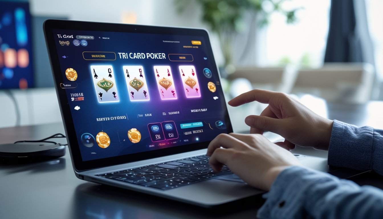 Seseorang bermain permainan Tri Card Poker secara online di depan komputer di lingkungan rumah atau kantor yang modern.