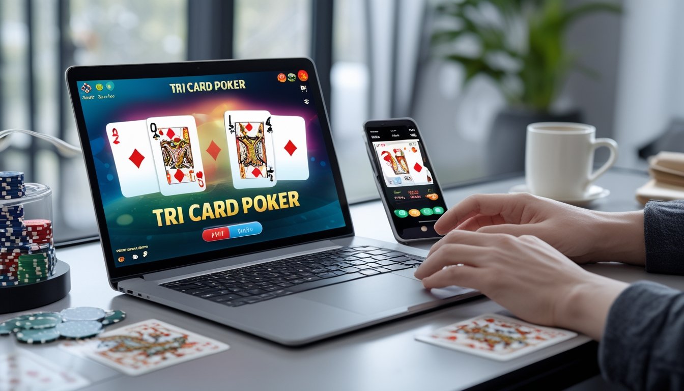 Seseorang bermain Tri Card Poker secara online menggunakan laptop dan ponsel di meja dengan chip poker dan kartu bermain.