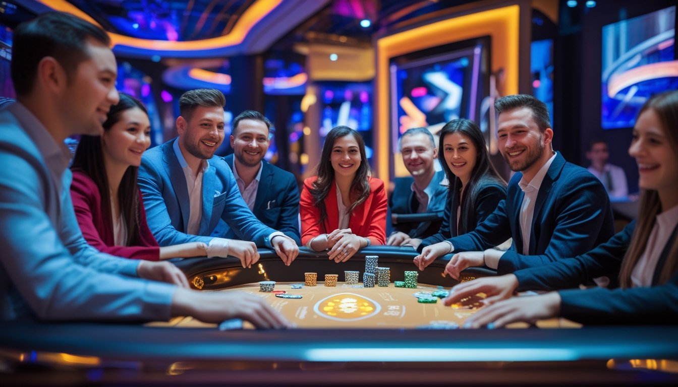 Sekelompok pemain yang antusias sedang bermain Tri Card Poker di meja kasino yang modern dan terang dengan lampu warna-warni.