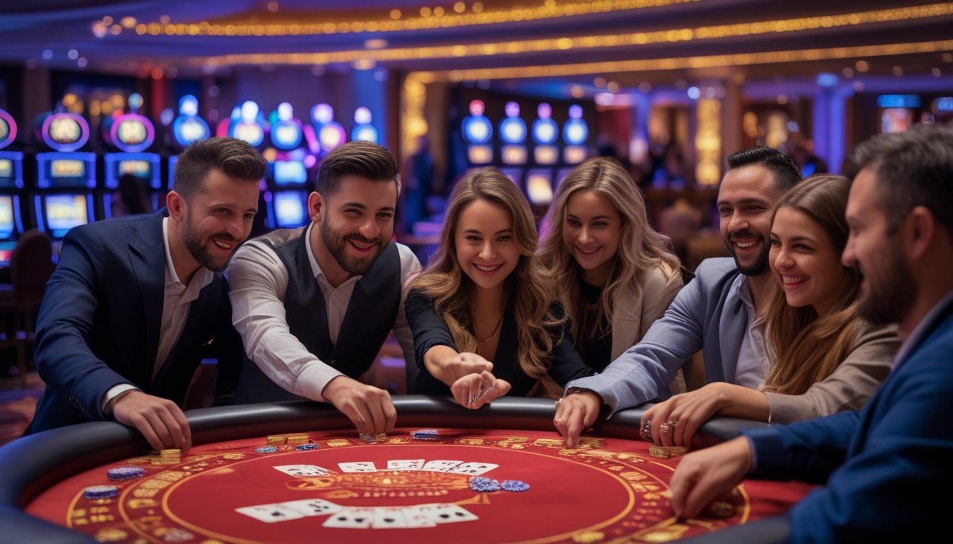 Sekelompok orang bermain Tri Card Poker di meja kasino dengan suasana ramai dan pencahayaan terang.