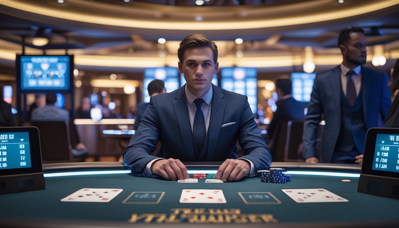 Seorang pemain poker duduk di meja poker dengan tiga kartu di depannya di dalam kasino yang mewah.