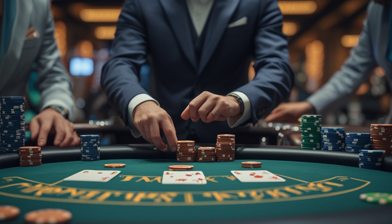 Seorang pemain profesional sedang memasang taruhan di meja poker tiga kartu dengan kartu dan chip di depan mereka di sebuah kasino.