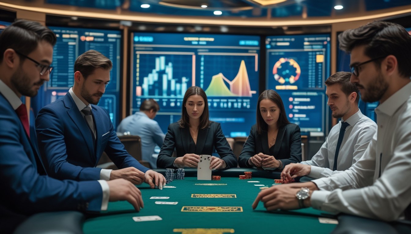 Seorang dealer membagikan kartu di meja poker dengan beberapa pemain yang memperhatikan kartu dan memasang taruhan di kasino.