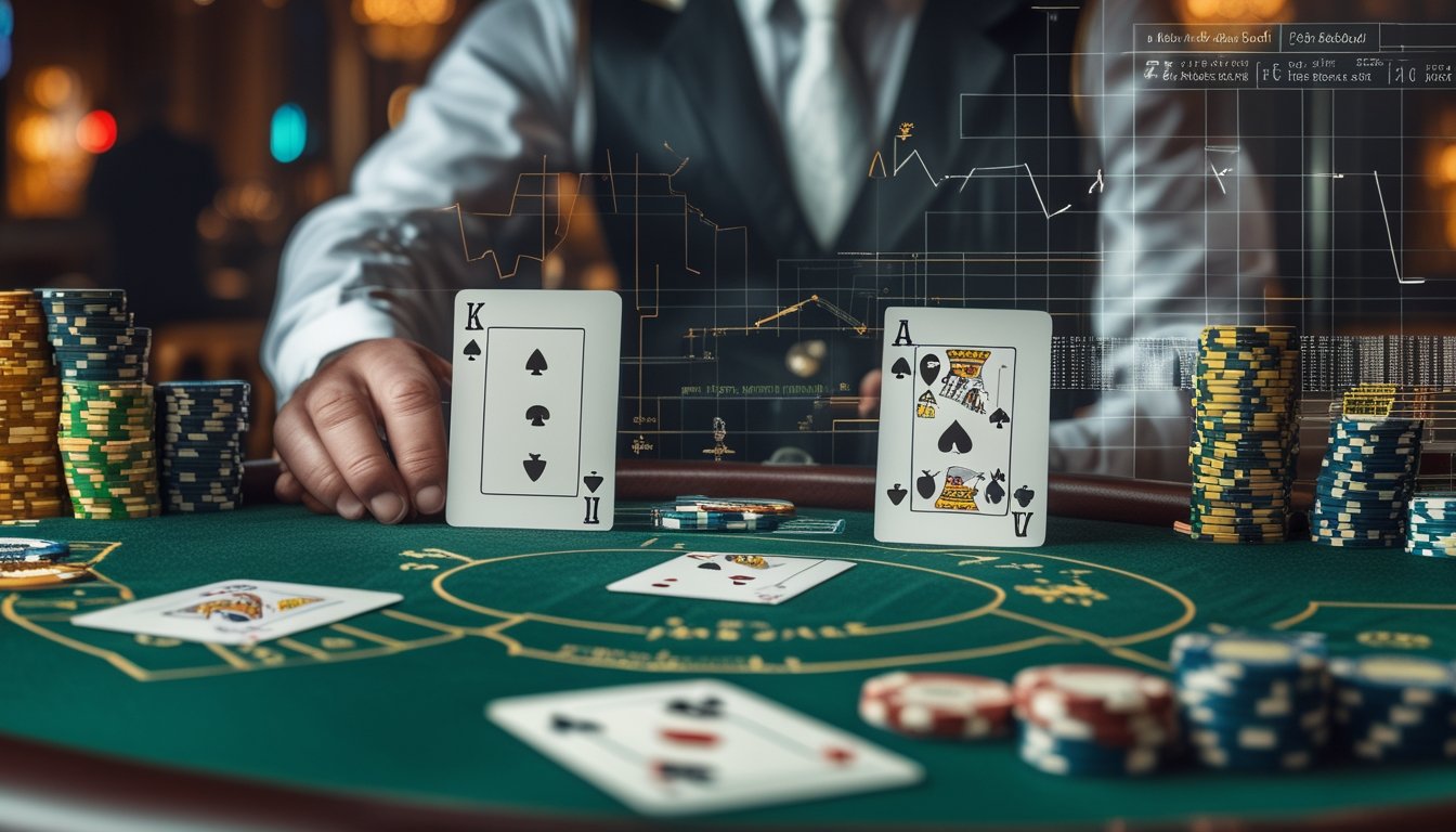 Meja poker dengan tiga kartu terbuka dan tumpukan chip, dealer berdiri di belakang meja dalam suasana kasino.