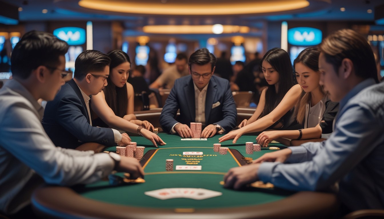 Meja poker di kasino dengan beberapa pemain yang sedang fokus bermain kartu dan menaruh chip.