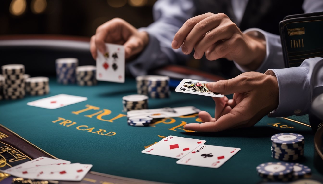 Tangan pemain sedang memegang tiga kartu poker di meja kasino dengan tumpukan chip dan dealer yang membagikan kartu.