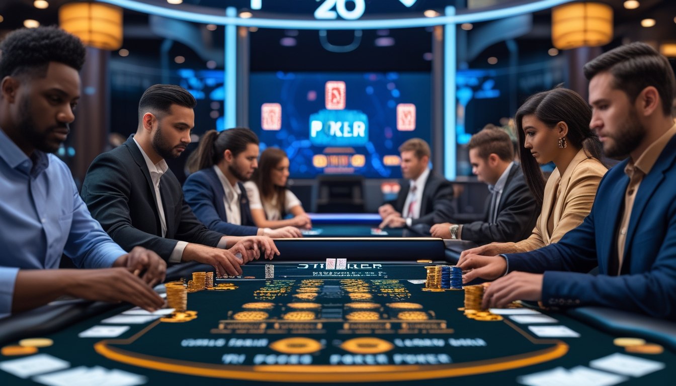 Meja kasino modern dengan pemain yang sedang bermain Tri Card Poker dan variasi poker lainnya, menampilkan kartu dan chip di atas meja.