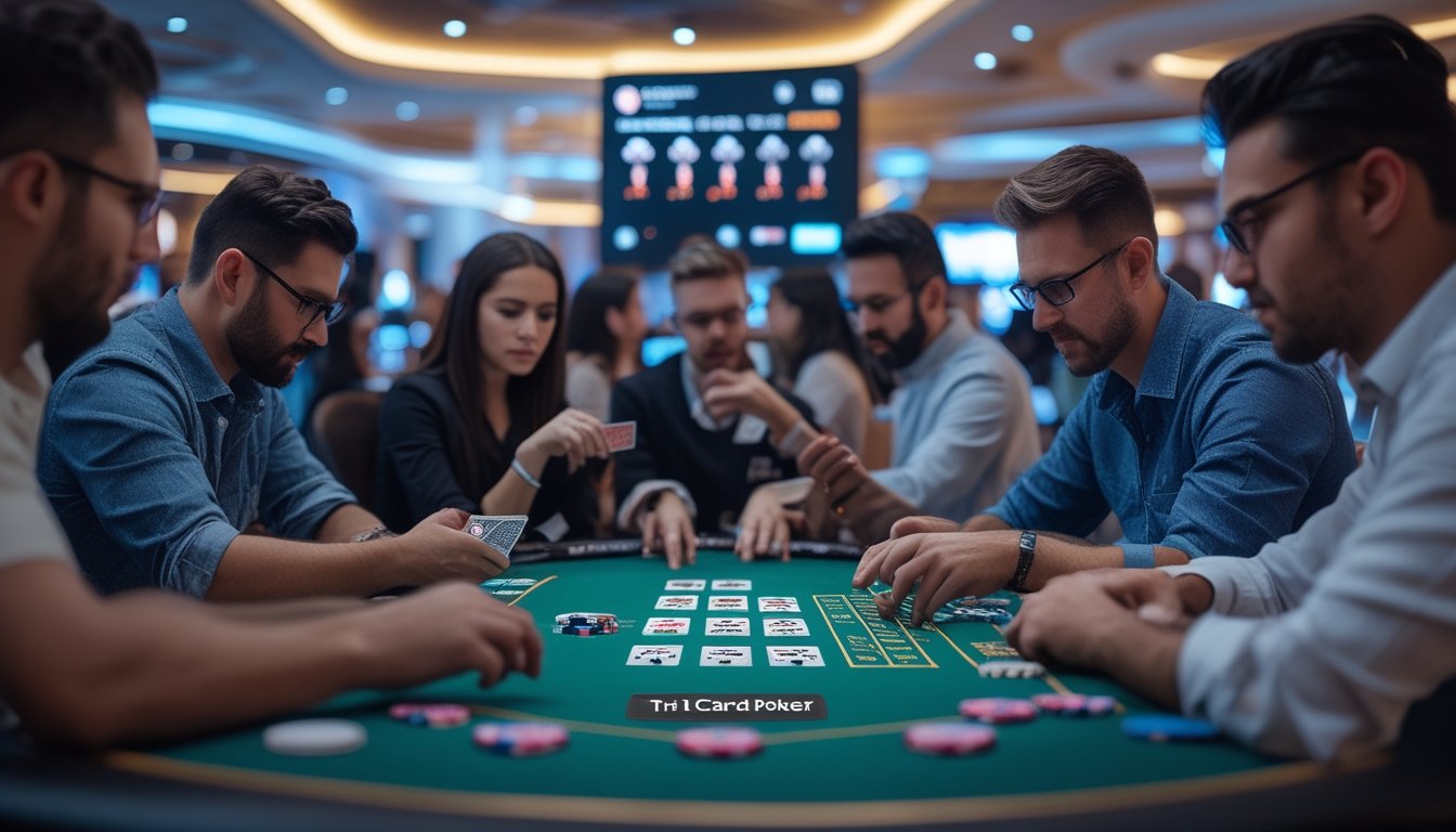 Meja poker dengan beberapa pemain yang sedang bermain Tri Card Poker di kasino modern, menunjukkan suasana permainan dan perbandingan variasi poker.