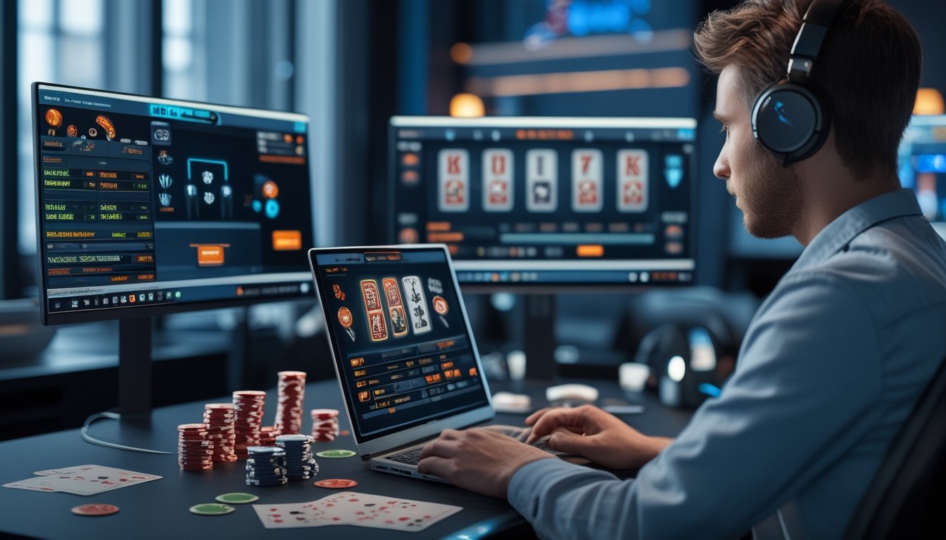 Seseorang sedang mengelola uang taruhan saat bermain Tri Card Poker di kasino online dengan beberapa layar komputer dan alat bantu pengelolaan keuangan.