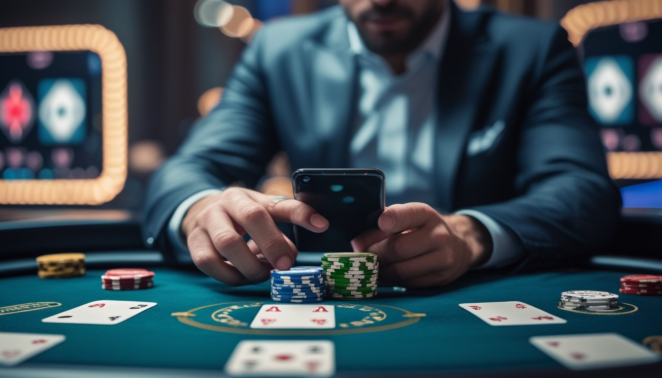 Seorang pemain poker sedang mengelola chip dan menggunakan perangkat digital di meja poker dengan tiga kartu terlihat di kasino online.