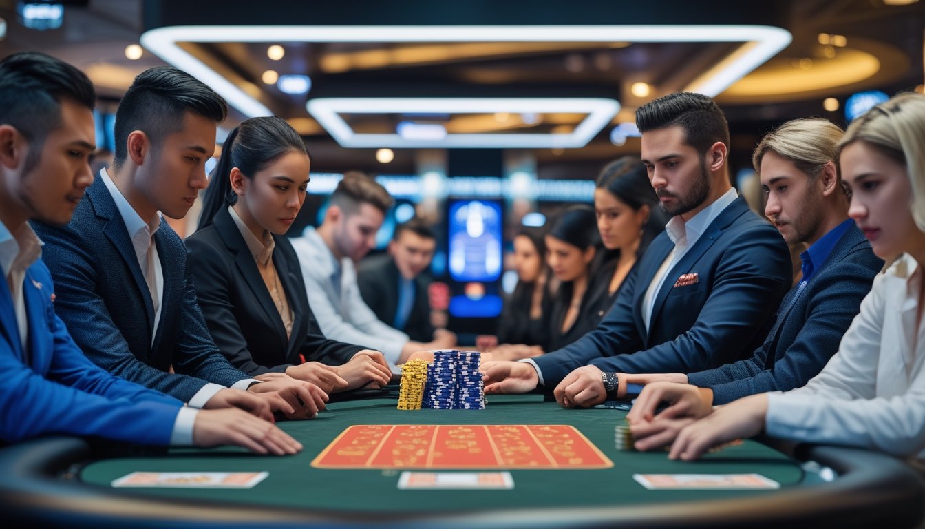 Sekelompok pemain berjudi di meja Tri Card Poker di kasino dengan suasana modern dan pencahayaan yang terang.