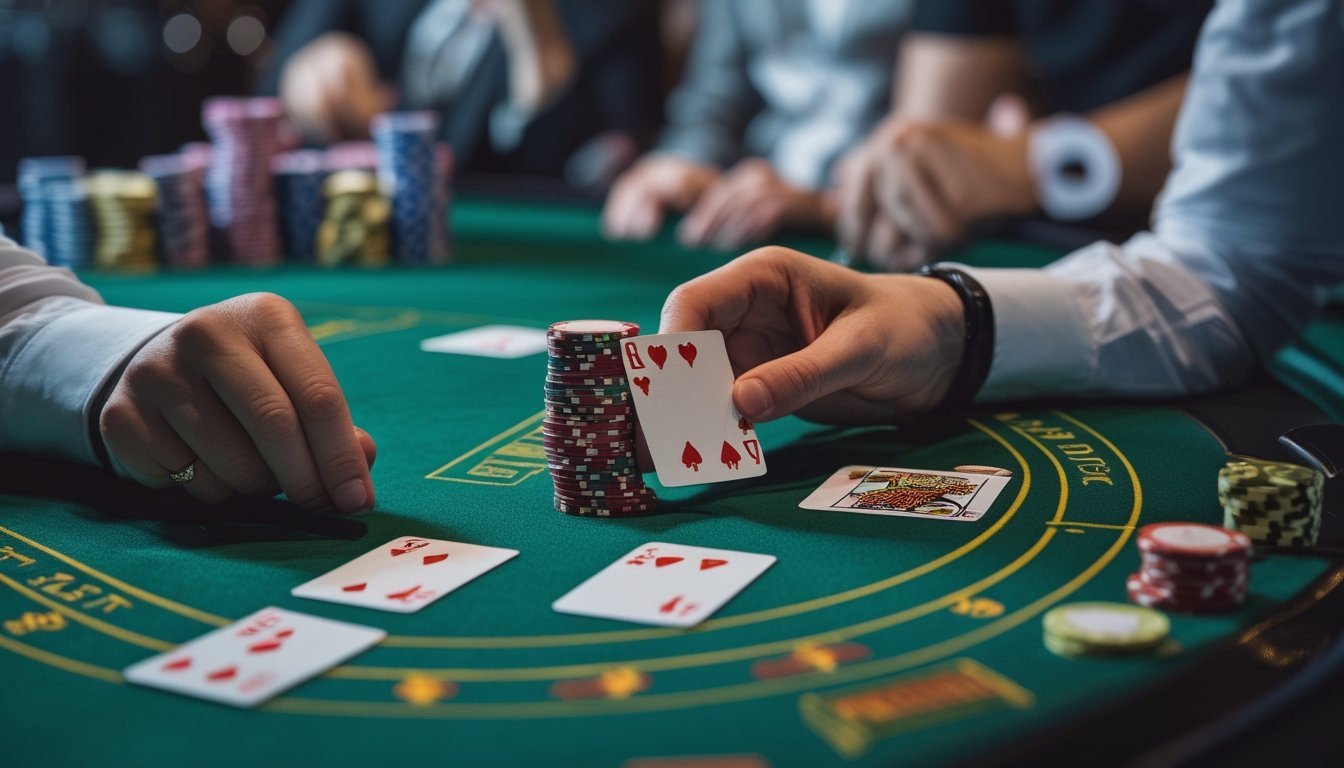 Tangan pemain memegang tiga kartu di meja poker dengan tumpukan chip di kasino.
