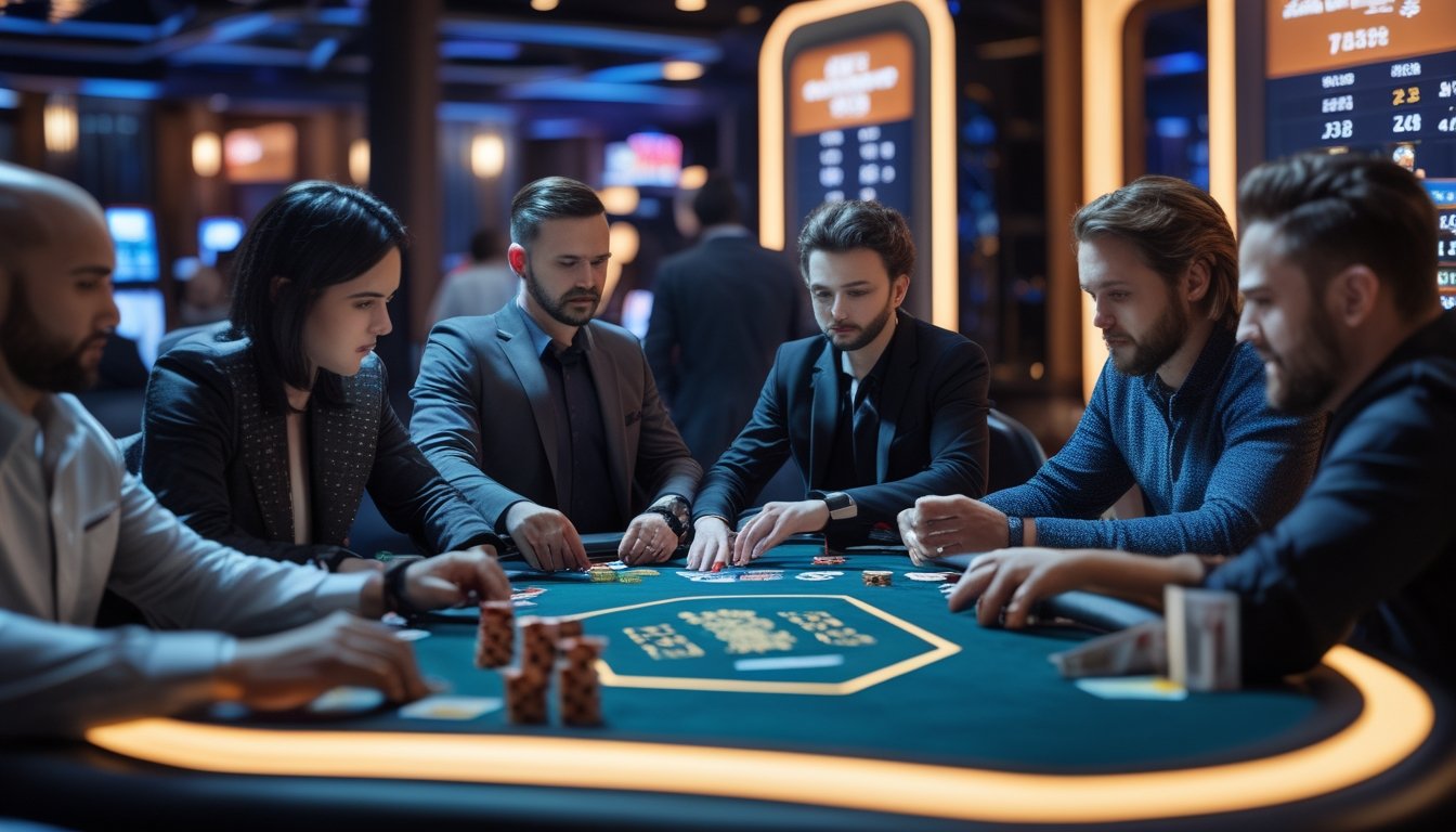 Sekelompok pemain sedang bermain Tri Card Poker di meja kasino dengan fokus membaca pola kartu lawan.