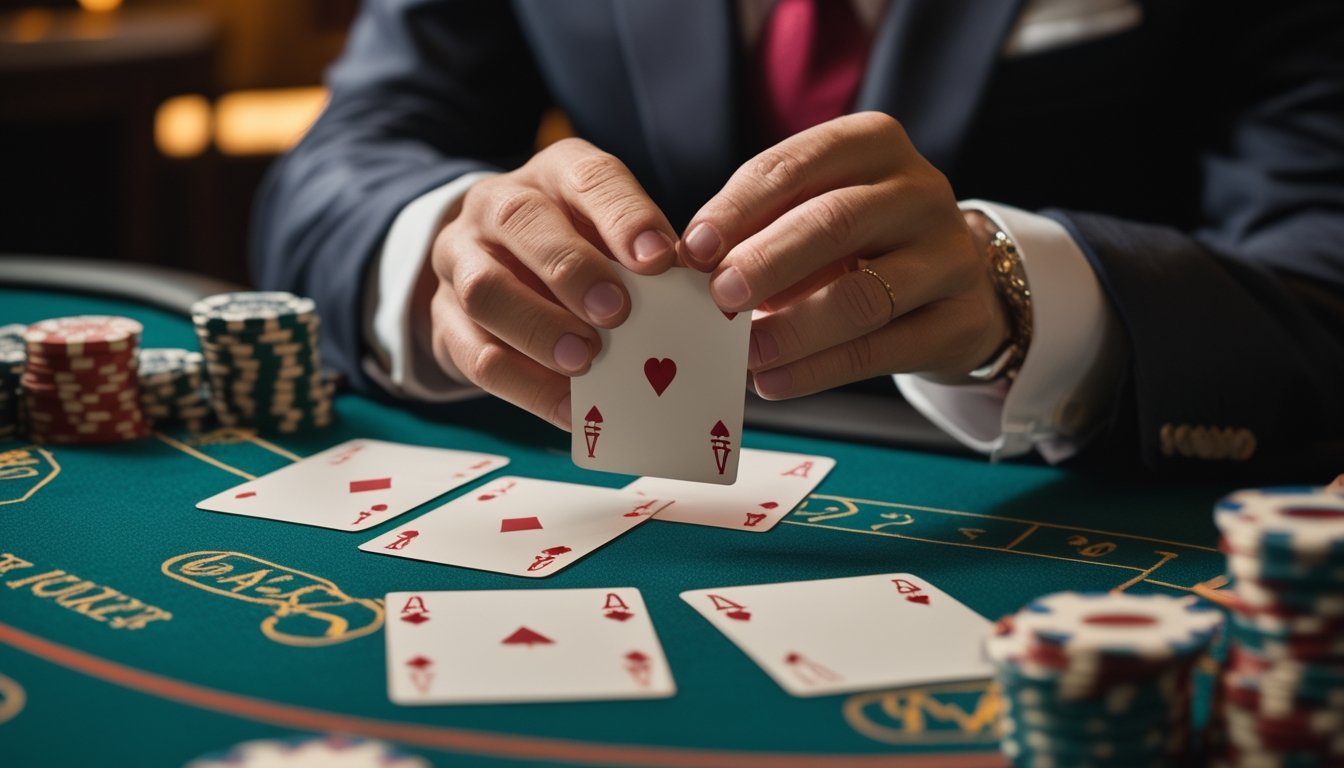 Seorang pemain poker berpakaian rapi sedang memegang tiga kartu dan memperhatikan dengan serius di atas meja poker hijau dengan tumpukan chip.