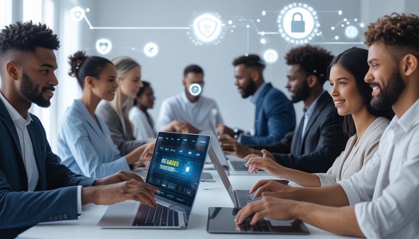 Beberapa orang menggunakan perangkat digital di lingkungan modern yang menunjukkan suasana aman dan terpercaya untuk judi online.