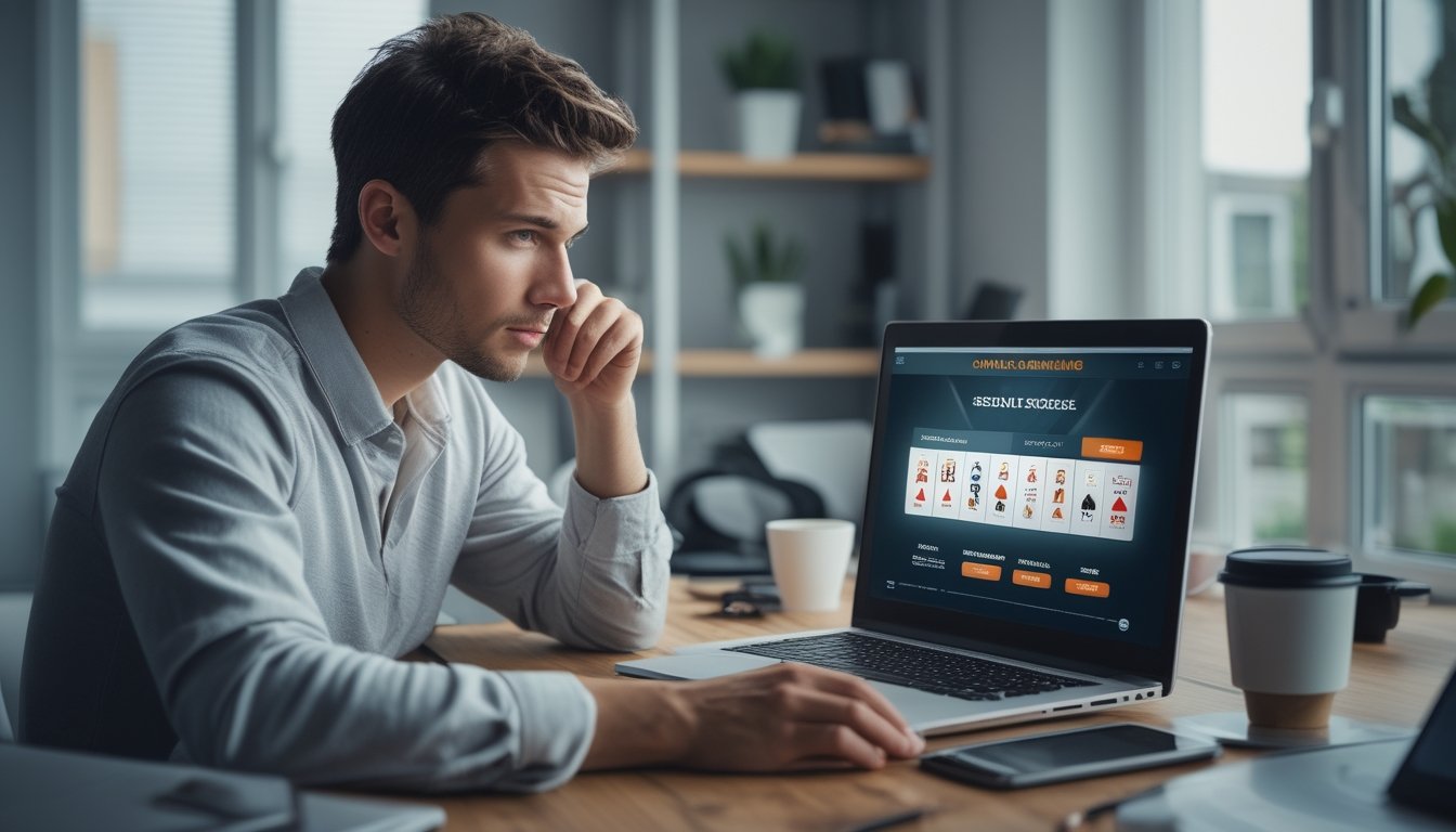Seorang pria muda serius duduk di depan laptop di ruang kerja rumah yang modern, fokus melihat layar dengan ekspresi hati-hati.