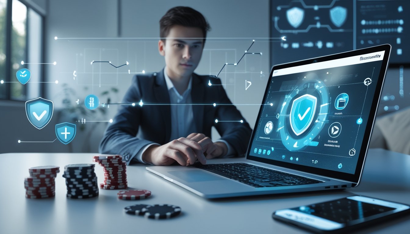 Seseorang sedang menggunakan laptop di meja dengan simbol keamanan digital di layar, dikelilingi chip poker dan kartu remi.
