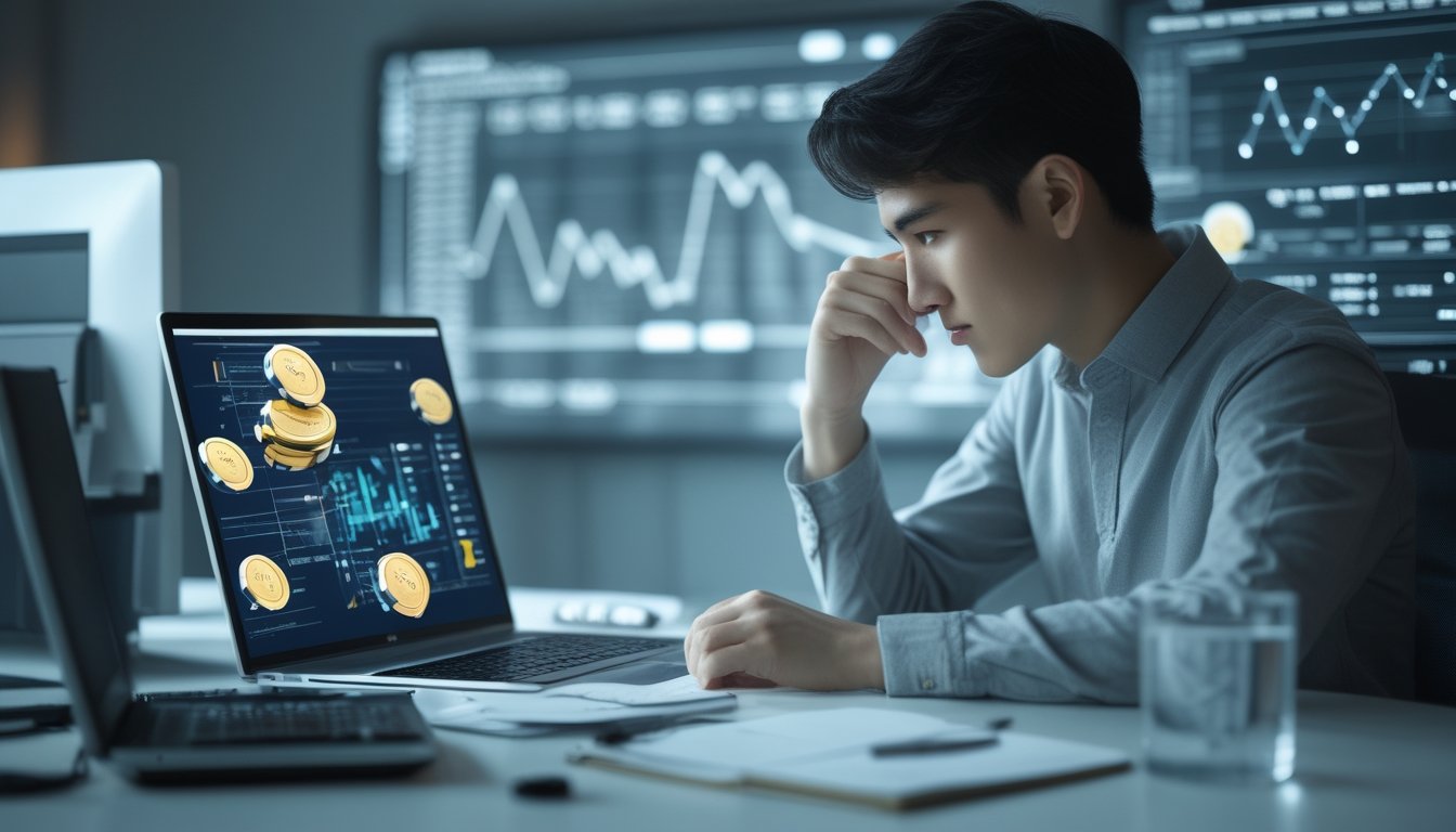 Seorang dewasa muda duduk di meja modern dengan laptop dan ponsel, fokus menganalisis grafik dan catatan keuangan terkait pengelolaan modal dalam judi online.