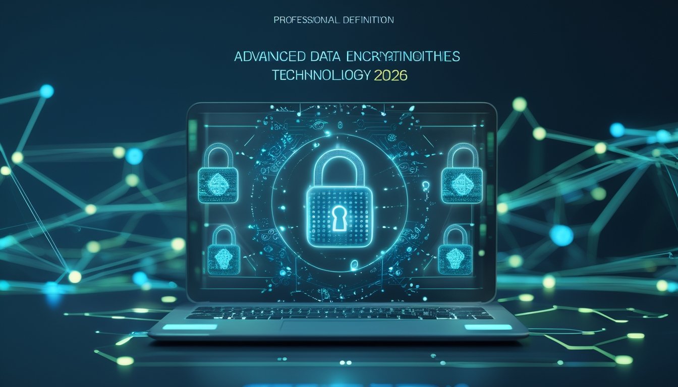 Tampilan antarmuka digital futuristik dengan simbol enkripsi dan jaringan keamanan data di latar belakang.