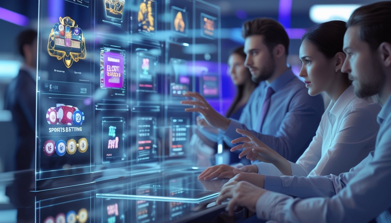Beberapa orang profesional sedang menggunakan layar hologram untuk membandingkan berbagai jenis permainan judi online di sebuah ruang kerja modern.