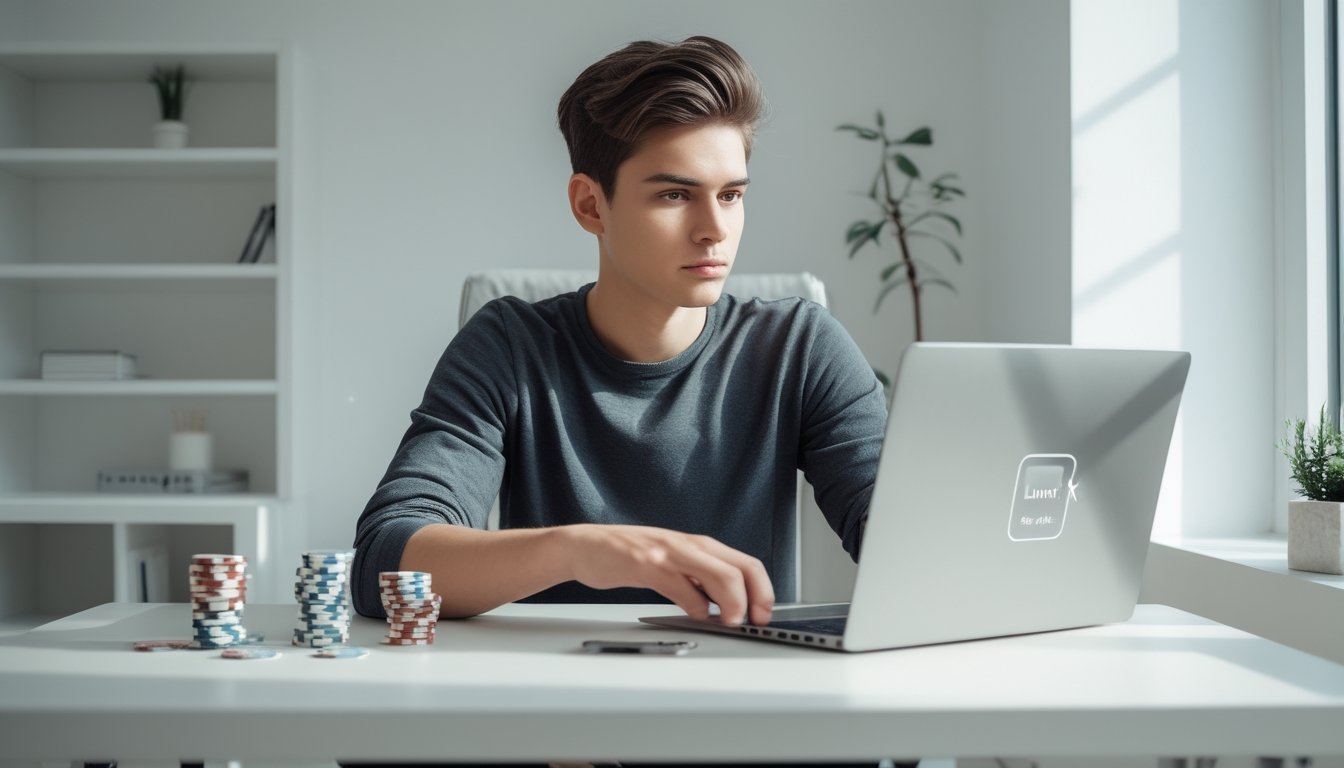 Seorang dewasa muda duduk di meja kerja dengan laptop, terlihat fokus dan tenang di ruang kantor rumah yang terang dan rapi.