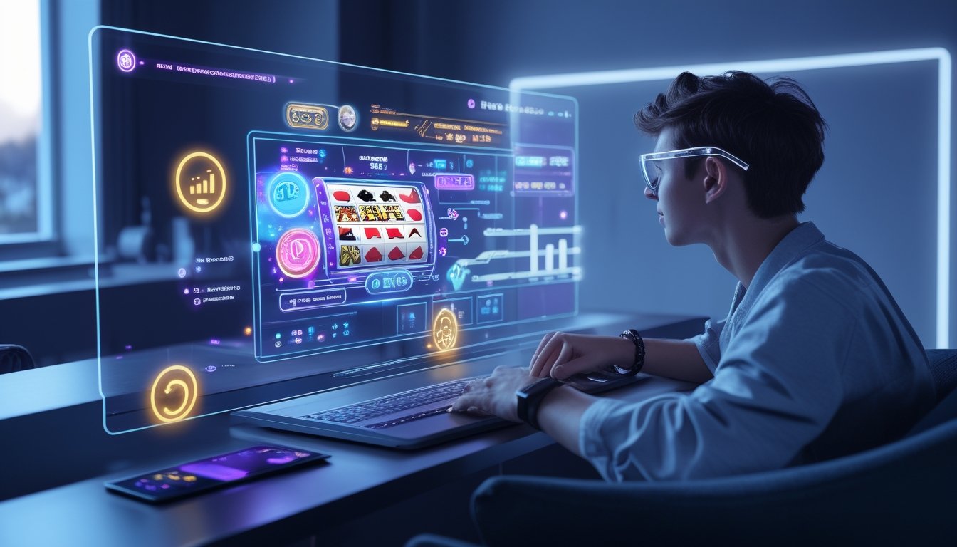Seorang dewasa muda bermain judi online menggunakan layar holografik di lingkungan rumah futuristik dengan perangkat teknologi canggih di sekitar.