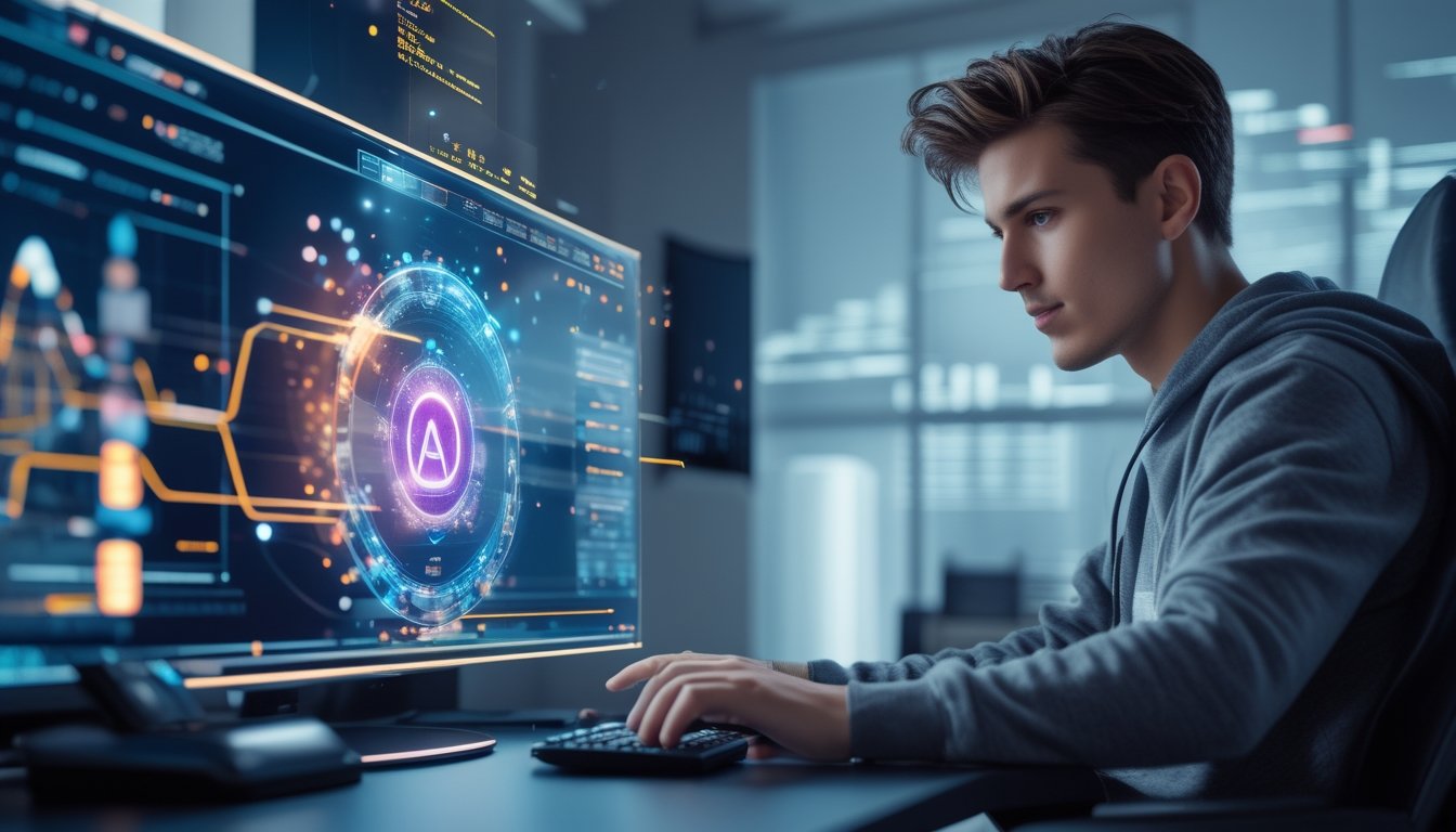 Seseorang sedang menggunakan layar sentuh transparan dengan tampilan data dan grafik futuristik di ruang kerja modern.