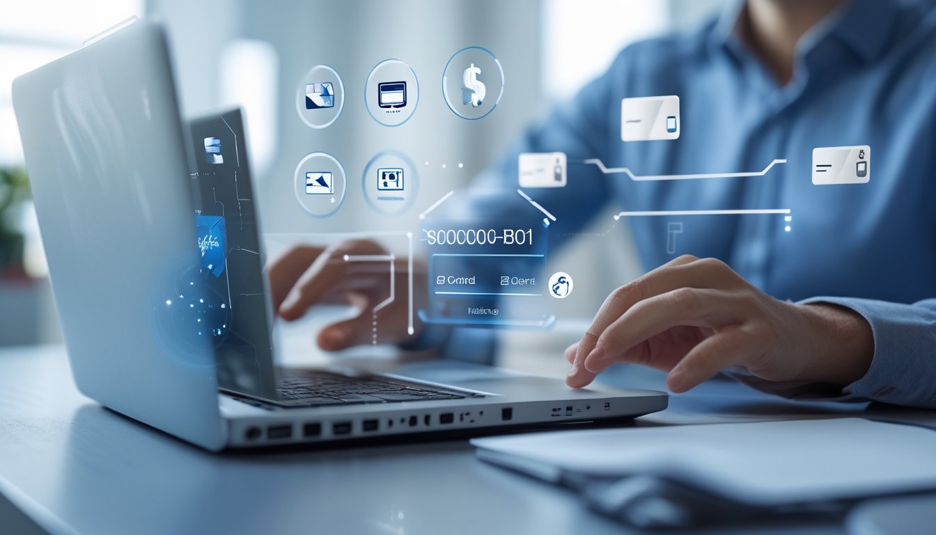Seseorang menggunakan laptop dengan ikon metode pembayaran digital di sekitar layar, menggambarkan transaksi deposit dan penarikan di platform judi online.