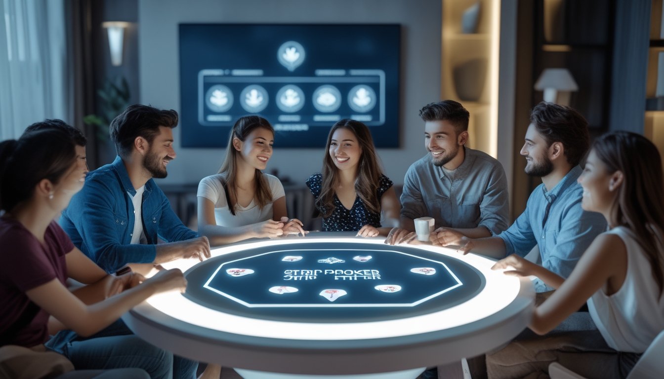 Sekelompok orang muda bermain poker online bersama di ruang tamu modern dengan suasana santai dan menyenangkan.
