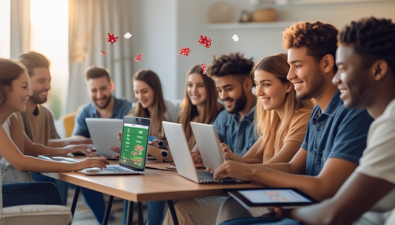 Sekelompok orang muda bermain poker online dengan laptop dan tablet di ruang santai yang nyaman.